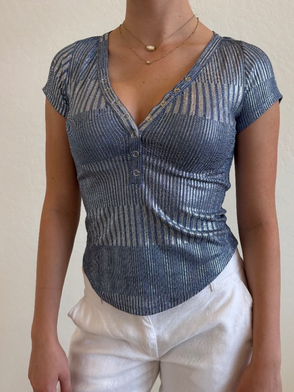Anthropo Pilcro The Andie Metallic Ribbed Henley Top XS